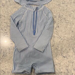 Tommy Bahama Kids One-Piece Seersucker like Swim Suit in Blue and White Stripes